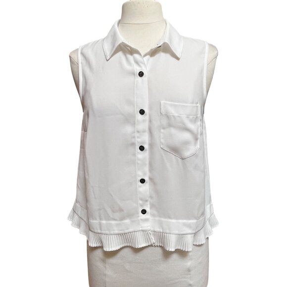 Cabi White Sleeveless Button Up Blouse Pleated Ruffle Hem Capsule Office Small - Picture 1 of 10